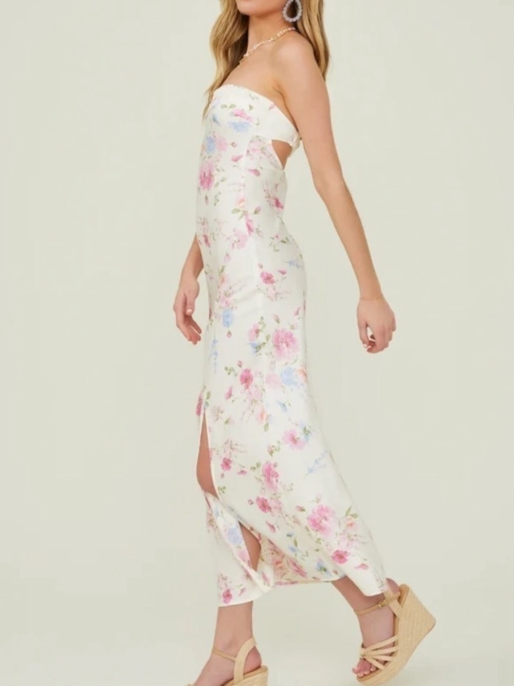 NWT Altar’d State Paityn Floral Strapless Open Back Maxi Dress, White / Pink – S